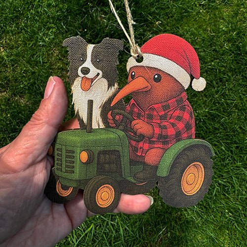 Kiwiana NZ Santa Kiwi on Tractor with his Dog Christmas Ornament - Image 3
