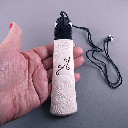 Large 15cm Maori Bone Toki Necklace with Koru Carving - Image 3
