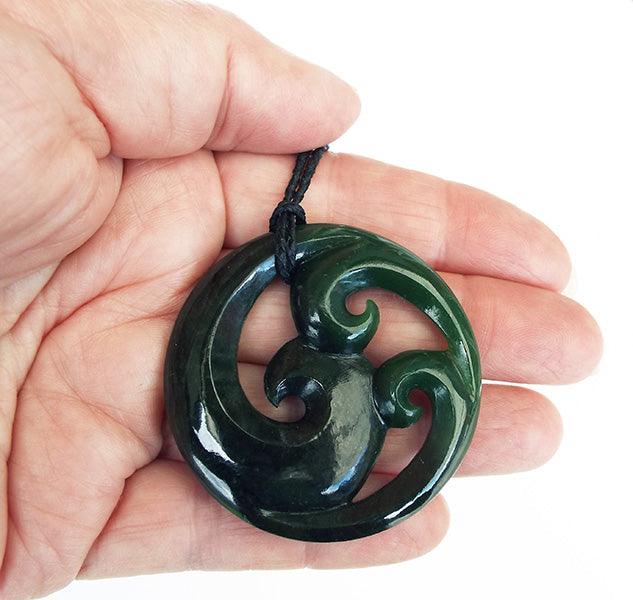 Large Genuine NZ Greenstone Triple Koru Necklace - Image 2