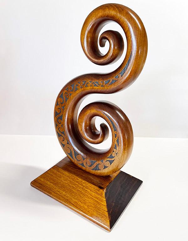 Large NZ Maori Carved Wooden Double Koru Trophy - Image 3