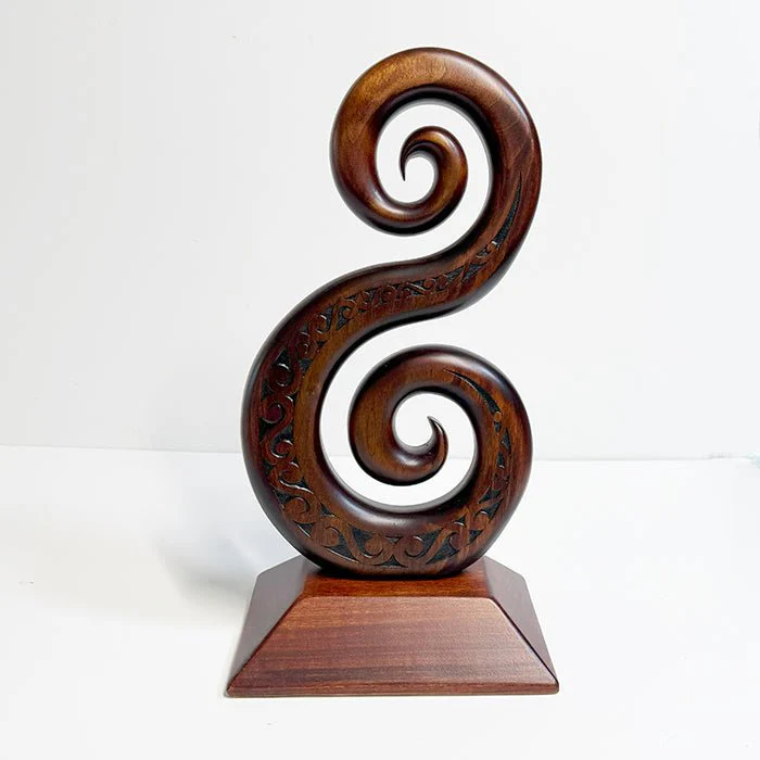 Large NZ Maori Carved Wooden Double Koru Trophy - Image 4