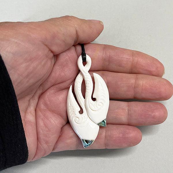 Maori Bone Double Hook Pendant with Paua Shell - Image 2