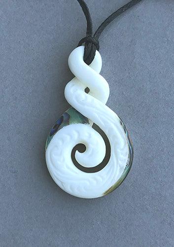 Maori Bone Double Twist Necklace with Carving and Paua Trim - Image 3