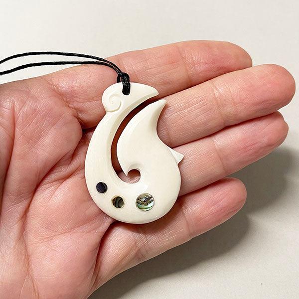 Maori Bone Fish Hook Necklace with Paua Shell Bubbles - Image 2