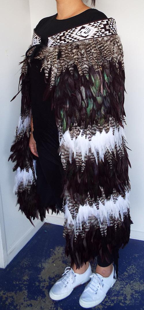 Maori Feather Korowai - Black Brown White and Jade - Image 3