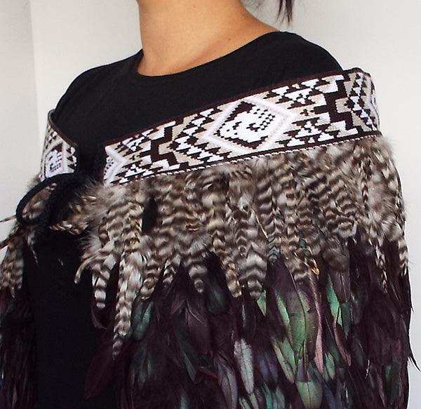 Maori Feather Korowai - Black Brown White and Jade - Image 4