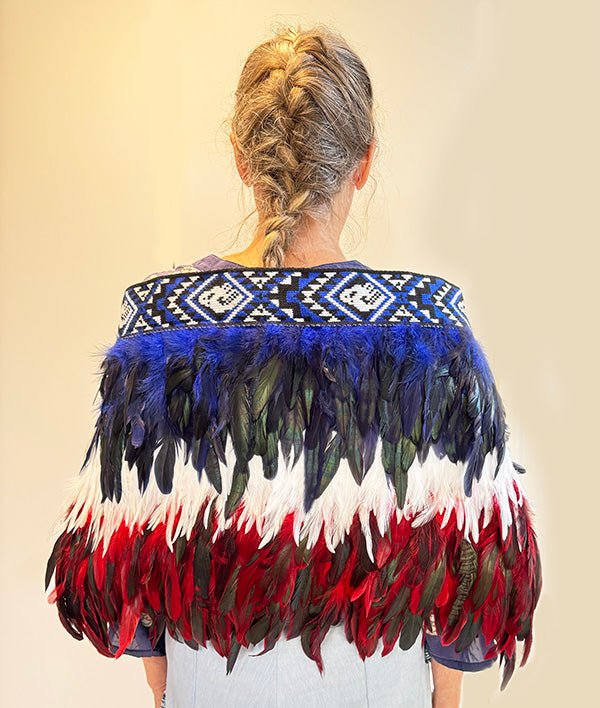 Māori Korowai Cape in Te Ātiawa Colours Blue White Red
