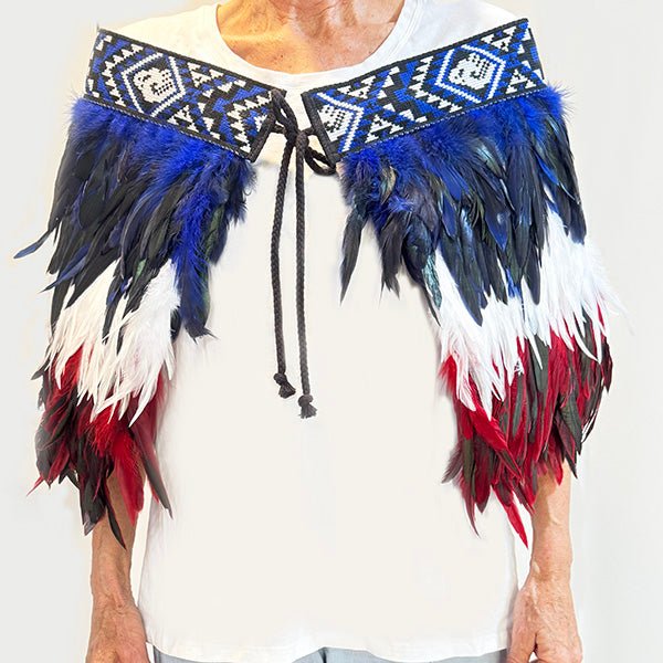 Māori Korowai Cape in Te Ātiawa Colours Blue White Red - Image 2