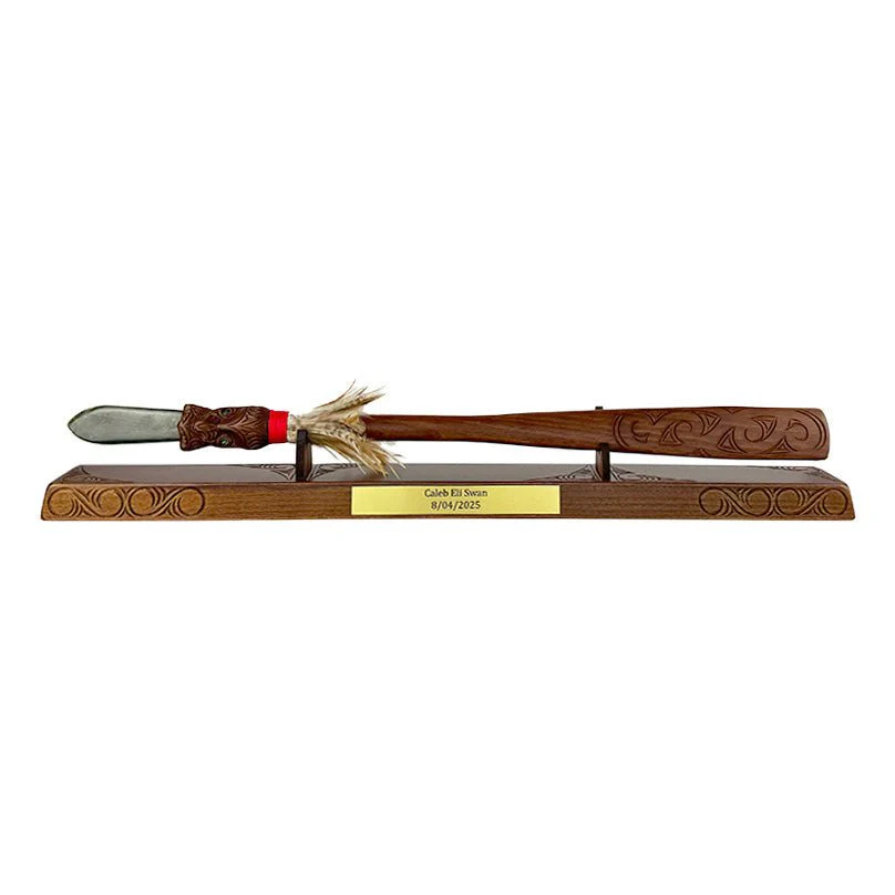 Maori Taiaha With Greenstone Tongue on Stand - Image 3