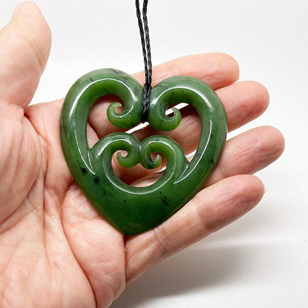 Medium Genuine NZ Greenstone Heart Necklace with 4 Koru - Image 2
