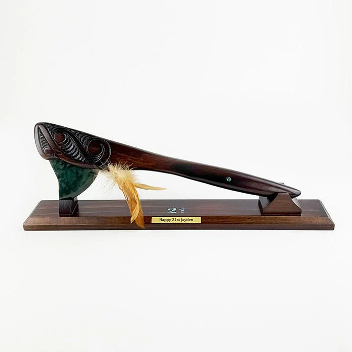 Medium Size Maori Tewhatewha on Stand with Pounamu Blade - Image 11