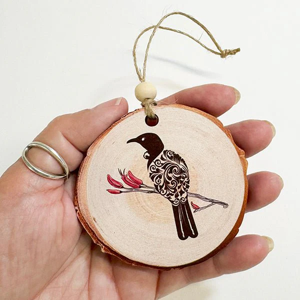 NZ Made Tui Bird Wood Slice Ornament - Image 2