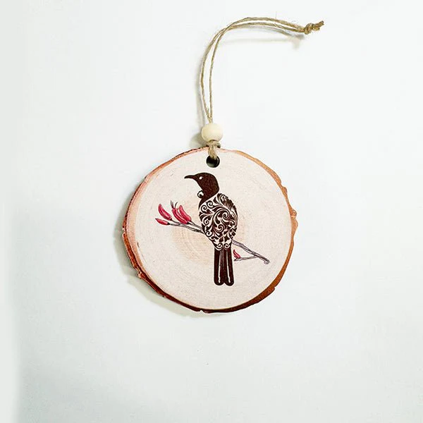 NZ Made Tui Bird Wood Slice Ornament - Image 3