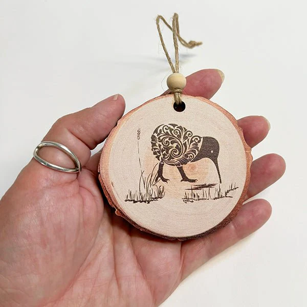 NZ Made Wood Slice Kiwi Bird Ornament - Image 3