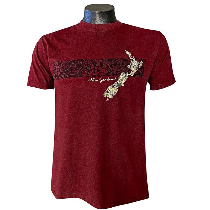 NZ Tattoo and Map Burgundy Mens Maori T-shirt