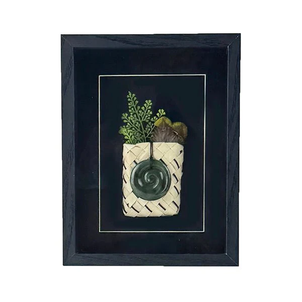 NZ MÄori Twist Koru Greenstone Necklace in Shadow Box Wall Art