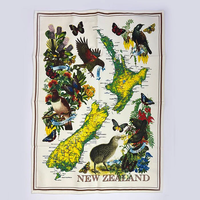 NZ Map Native Birds and Flowers Tea Towel