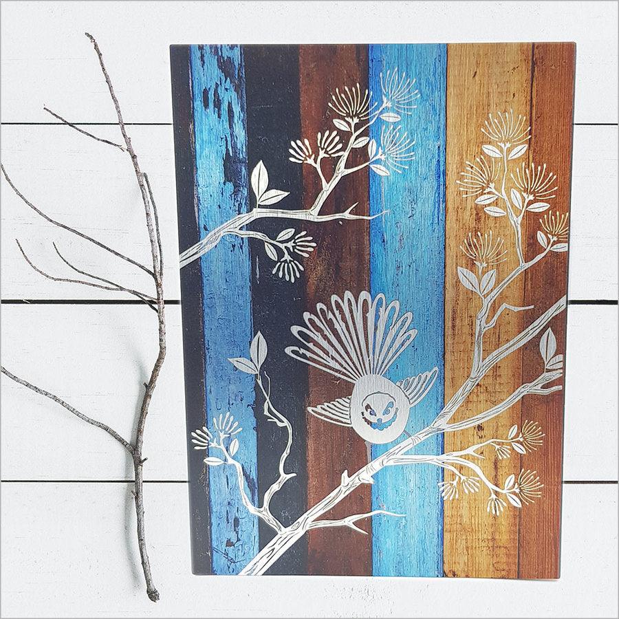 NZ Fantail Rustic Art Panel - Image 2