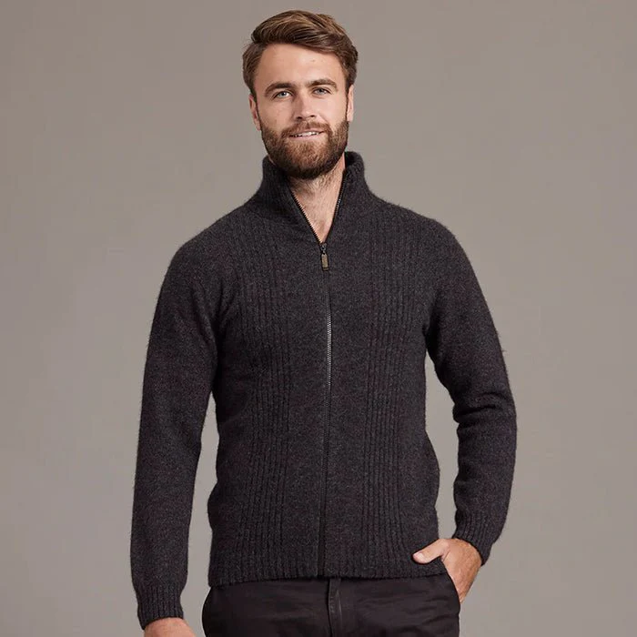 NZ Possum Silk Merino Mens Rib Front Jacket - Image 3