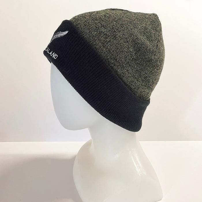 Olive Green and Black NZ Silver Fern Beanie Hat - Image 2