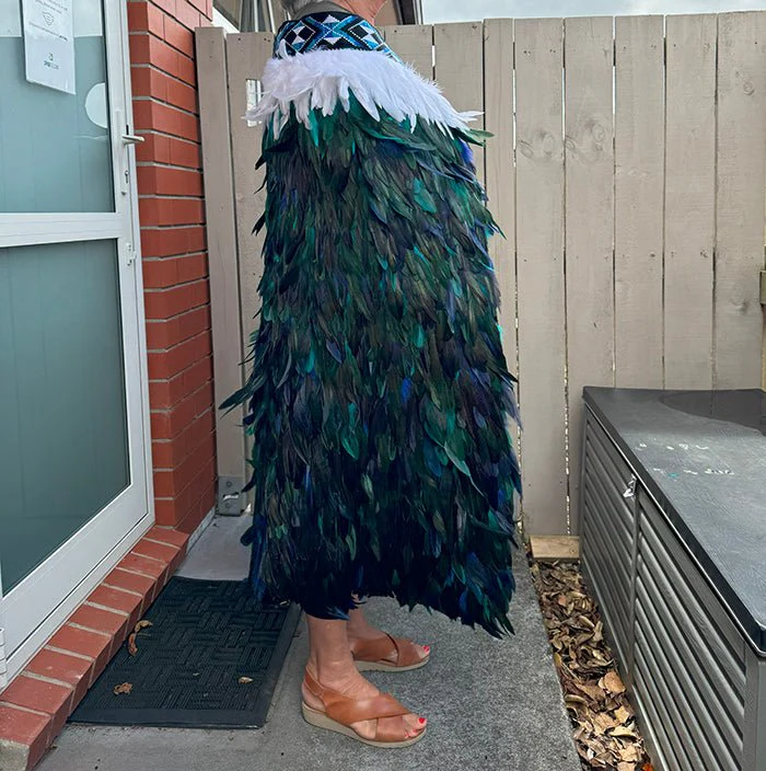 Paua Blue Maori Korowai with Patiki Taniko - Image 2