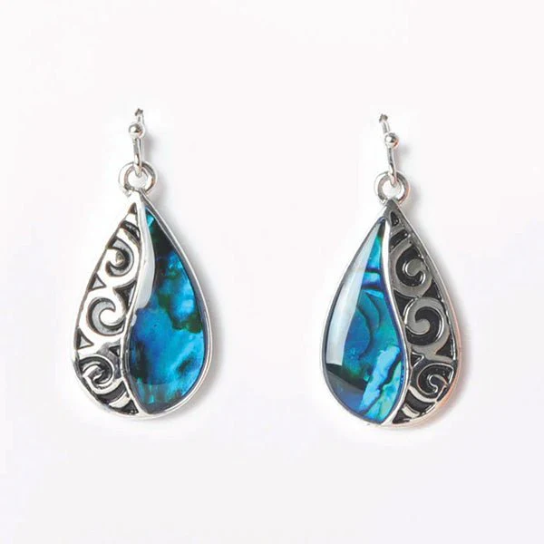 Paua Koru Drop Earrings with Palladium Plating for Sensitive Ears