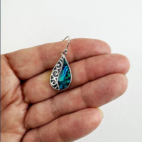 Paua Koru Drop Earrings with Palladium Plating for Sensitive Ears - Image 2