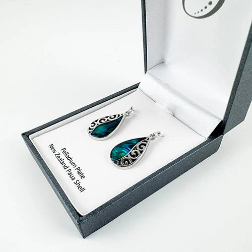 Paua Koru Drop Earrings with Palladium Plating for Sensitive Ears - Image 3