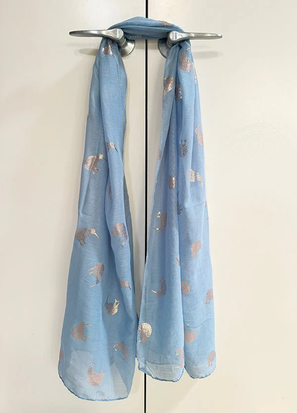 Chambray Blue  NZ Souvenir Scarf with Sparkly Rose Gold Kiwi - Image 2