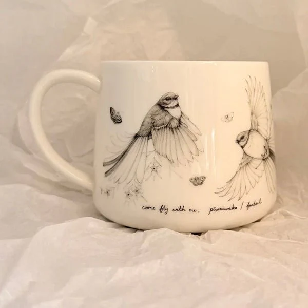 Pretty Come Fly with Me NZ Fantail Coffee or Tea Mug - by artist Katy Hayward