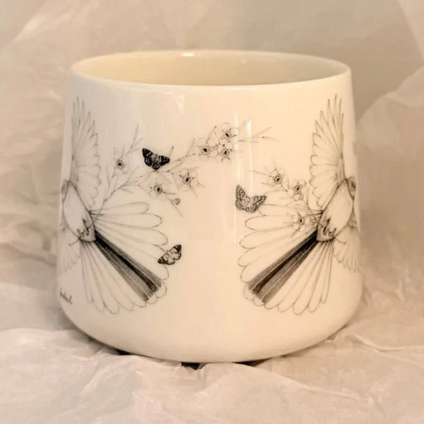 Pretty Come Fly with Me NZ Fantail Coffee or Tea Mug - by artist Katy Hayward - Image 2