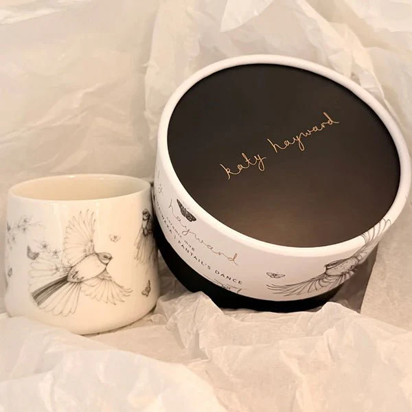 Pretty Come Fly with Me NZ Fantail Coffee or Tea Mug - by artist Katy Hayward - Image 3