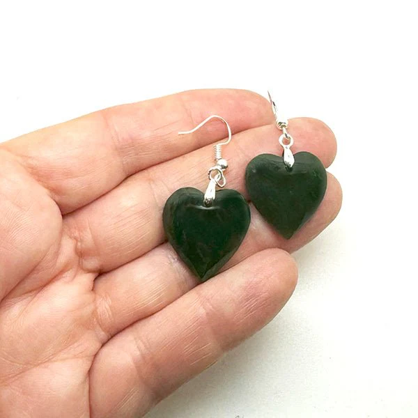 Pretty Genuine NZ Greenstone Heart Earrings - Image 2