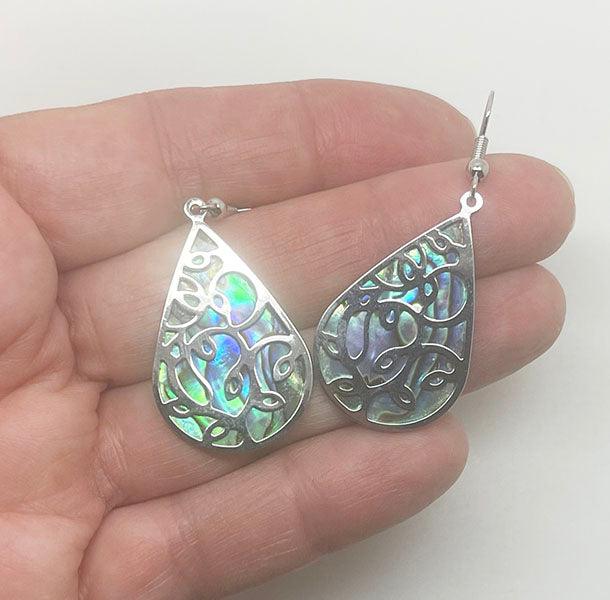 Pretty Large Paua Shell Drop Earrings with Filigree Overlay - Image 2