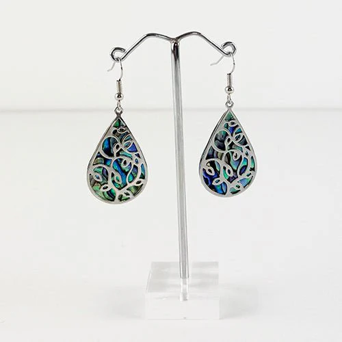 Pretty Large Paua Shell Drop Earrings with Filigree Overlay - Image 3
