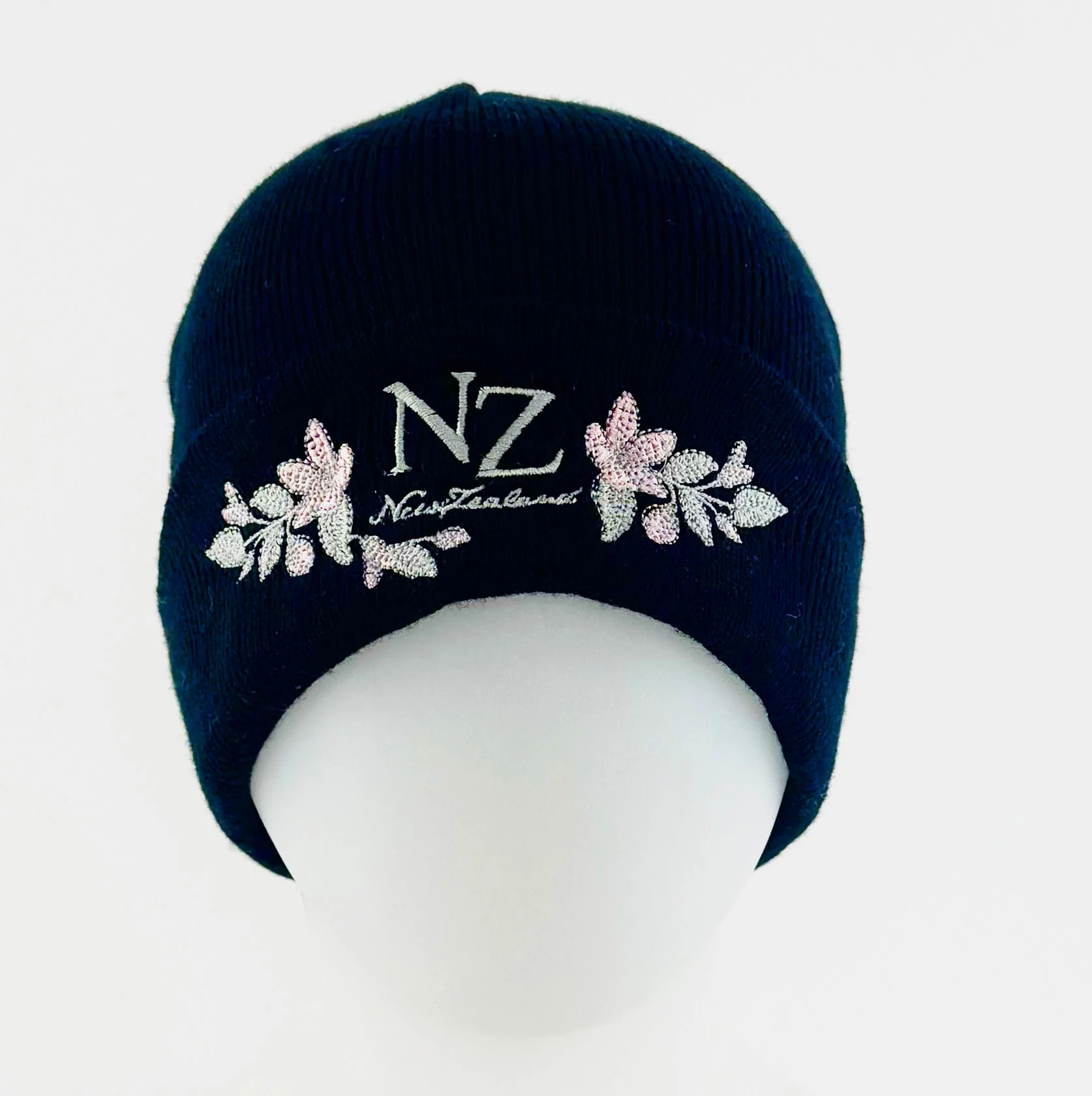 Pretty New Zealand Souvenir Beanie Hat with Embroidered Flowers