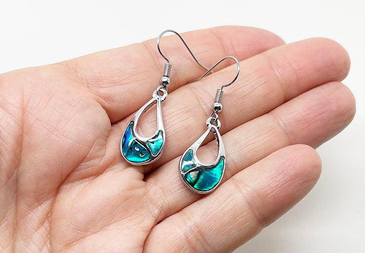 Pretty Offset Teardrop Paua Earrings - Image 2