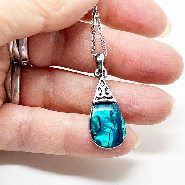 Pretty Paua Shell Drop Necklace with Filigree Top - Image 2