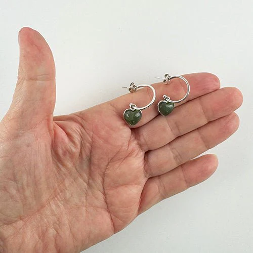 Pretty Sterling Silver Hoop Earrings with Greenstone Heart - Image 3