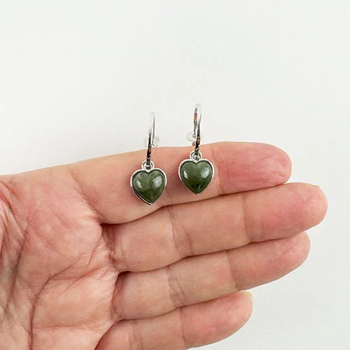 Pretty Sterling Silver Hoop Earrings with Greenstone Heart - Image 4