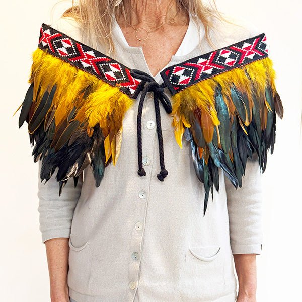 Short Maori Korowai with Gold and Black Feathers and Red Taniko - Image 2