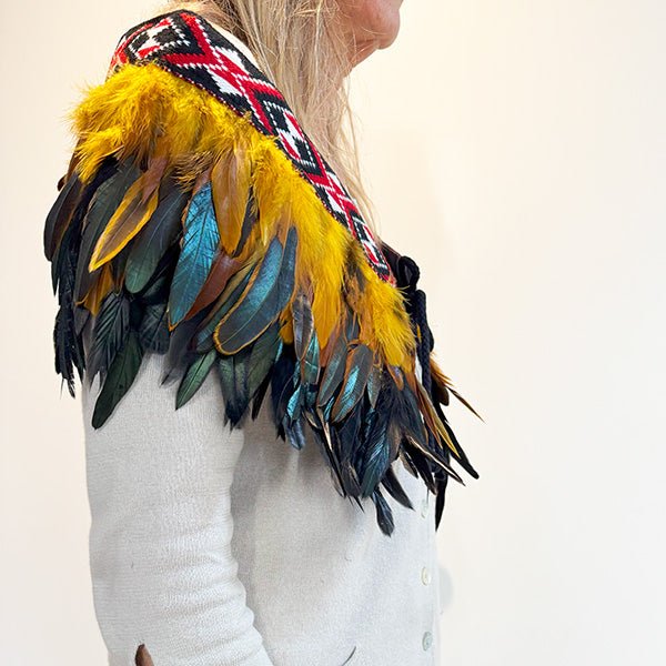Short Maori Korowai with Gold and Black Feathers and Red Taniko - Image 3