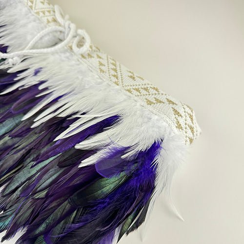 Short Purple and White Maori Korowai with White and Gold Taniko - Image 2