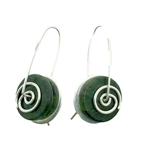 Stone Arrow Greenstone Silver Spiral Drop Earrings - Image 2