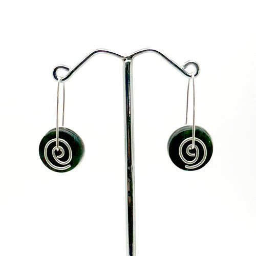 Stone Arrow Greenstone Silver Spiral Drop Earrings - Image 3