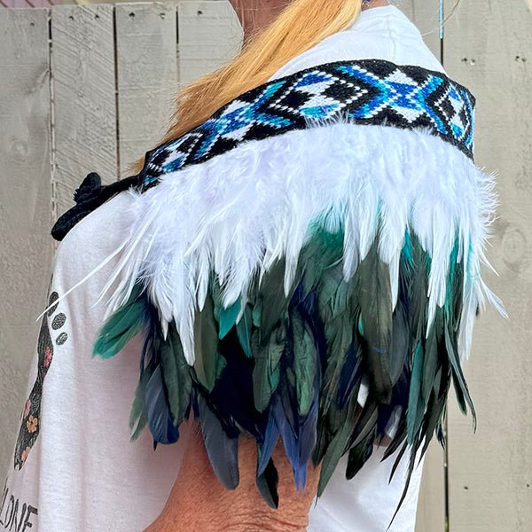 White and Paua Blue Short Maori Korowai - Image 2
