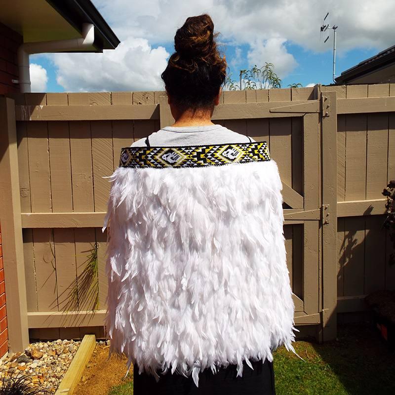 White Korowai Cape with Taranaki Taniko