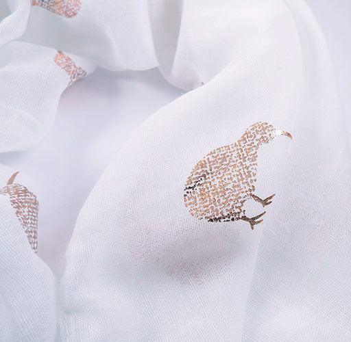 White NZ Scarf with Sparkly Rose Gold Kiwi - Image 2
