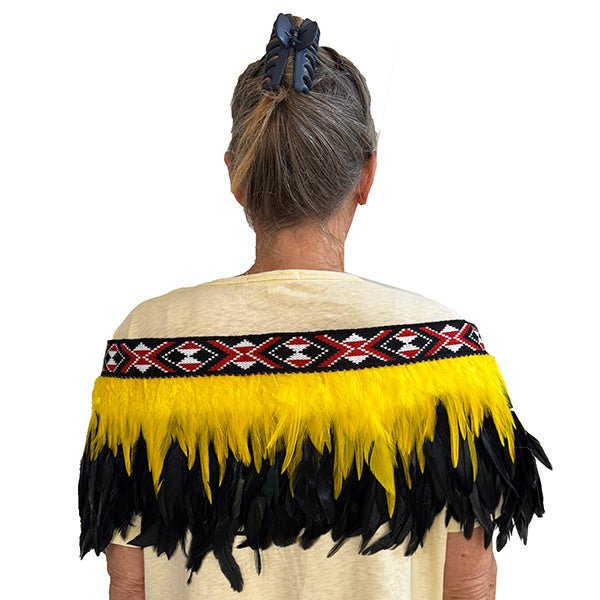 Yellow and Black Short Maori Korowai with Red Taniko - Image 3